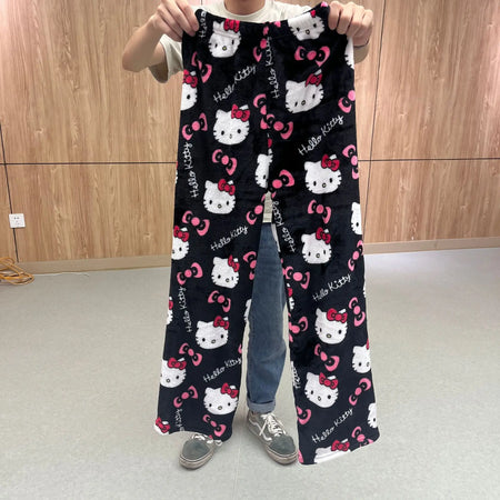 2024 Hello Kitty Pajamas Halloween Flannel Fashion Trouserswomen Kawaii Woolen Anime Cartoon Casual Home Pants Autumn