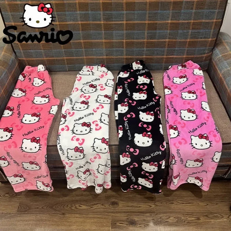 2024 Hello Kitty Pajamas Halloween Flannel Fashion Trouserswomen Kawaii Woolen Anime Cartoon Casual Home Pants Autumn